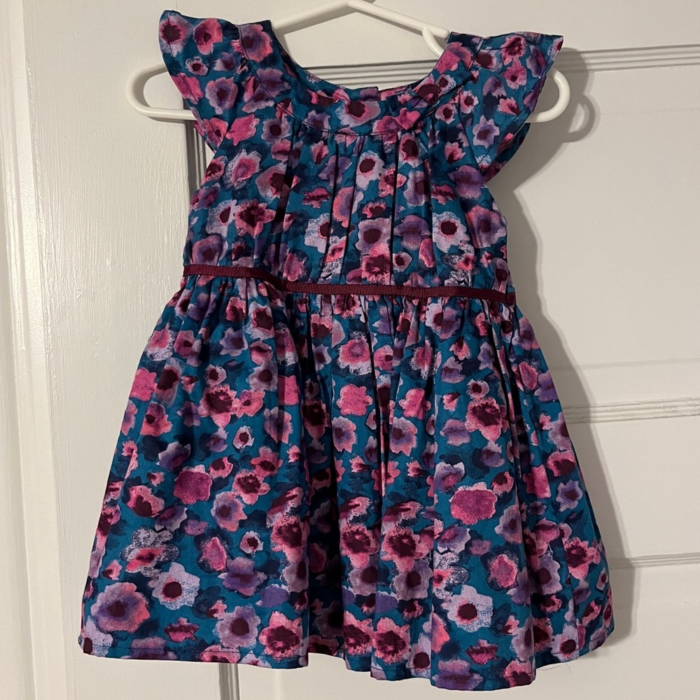 Girls dress size 12 months flowers bow pink blue burgundy lined cotton